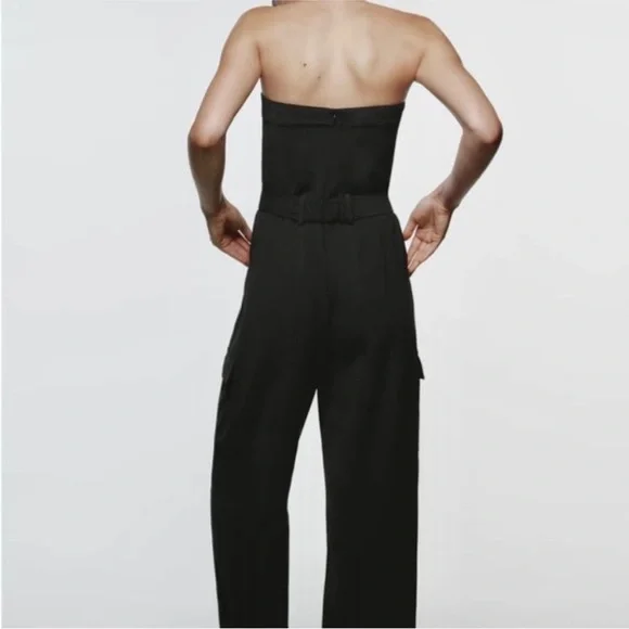 Zara belted black cargo pocket side strapless jumpsuit - Picture 7 of 8